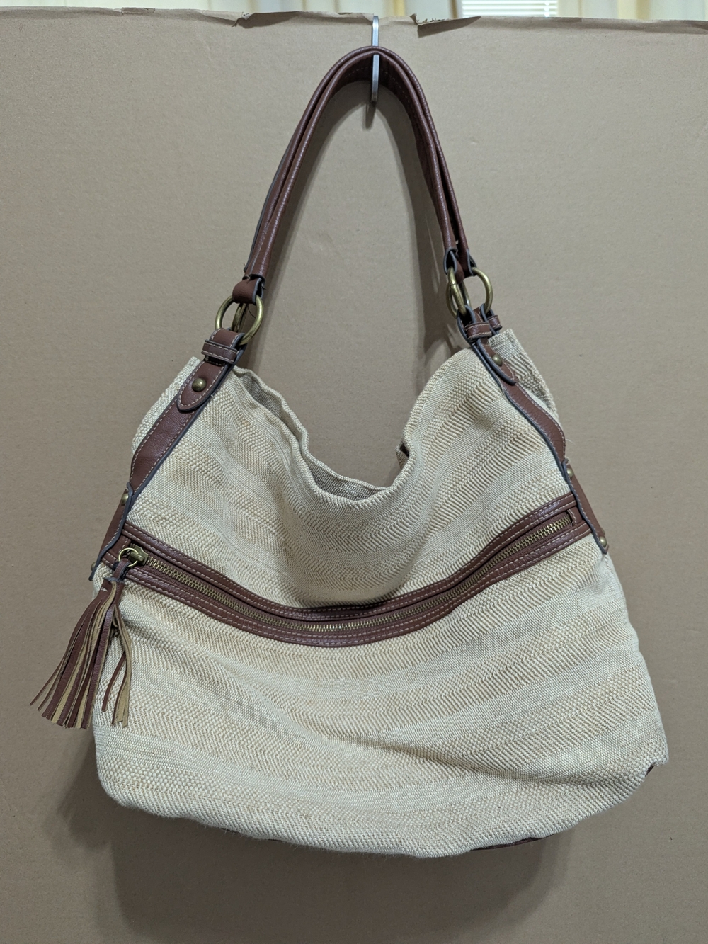 Merona Woven Cotton Jute Slouchy Hobo Shoulder Bag Beige Tan Faux Leather Trim
